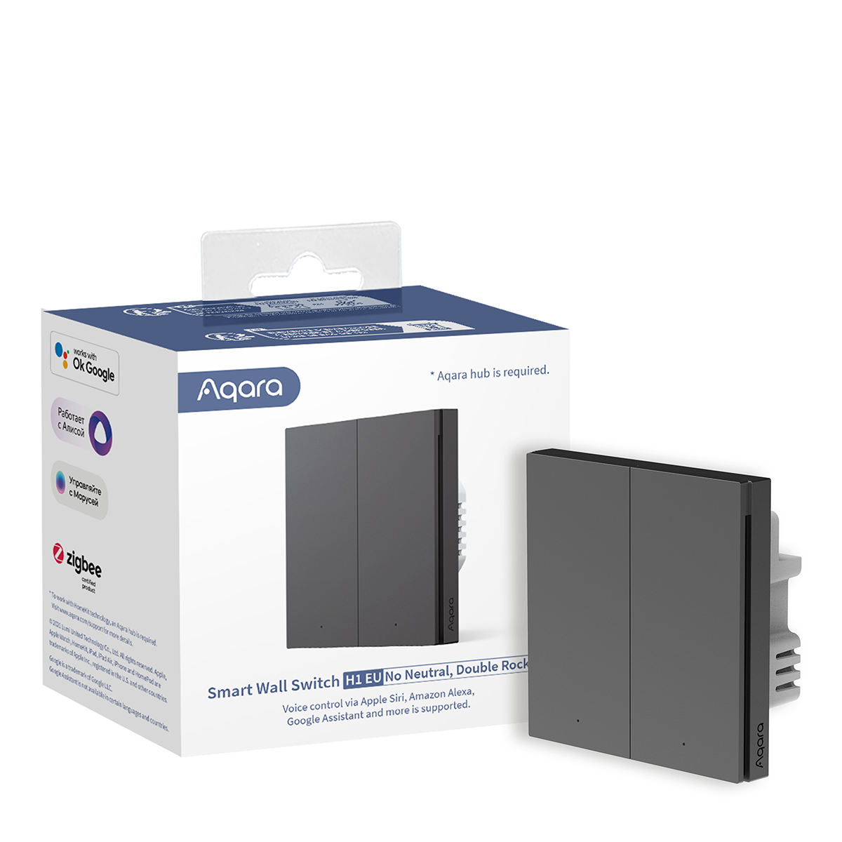 Smart Wall Switch H1 — No Neutral, Double Rocker, Gray